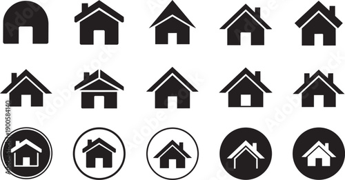 Black and white house icons and logos, vector illustrations for real estate or construction website, app, or marketing material, isolated on transparent background, png