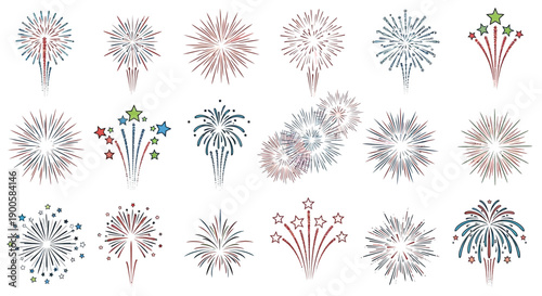 Collection of Red, White, and Blue Fireworks Exploding in a Night Sky