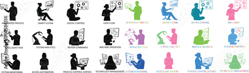 People silhouette collection featuring sitting and working poses, flat vector illustration set of male and female figures using devices and performing daily tasks