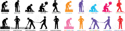 People silhouette collection showing bending, lifting, and working action poses, flat vector illustration set of male and female figures in daily activities, isolated design for icons and graphics