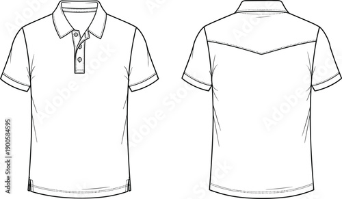 Blank White Short Sleeve Polo Shirt with Western Back Yoke Technical Fashion Flat Sketch Illustration Mockup for Design Specification Apparel CAD Template Front Back