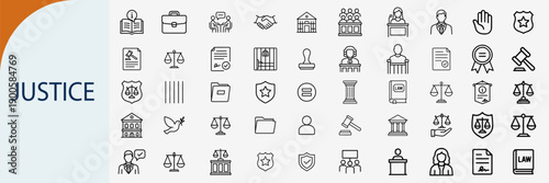 Justice and law icons set, outline style, legal system and court symbols