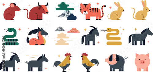 Cute Chinese Zodiac Animal Illustration Set with Rat Ox Tiger Rabbit Dragon Snake Horse Goat Monkey Rooster Dog Pig