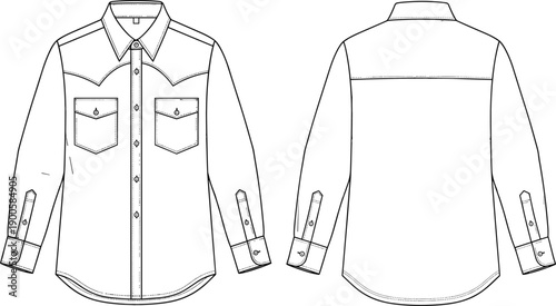 Technical Fashion Flat Sketch of a Men Long Sleeve Western Shirt With Double Pockets and Yoke Detail Front and Back View on White Background