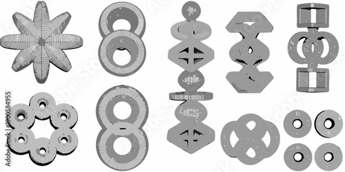 Collection of various 3d rendered geometric shapes on a white background