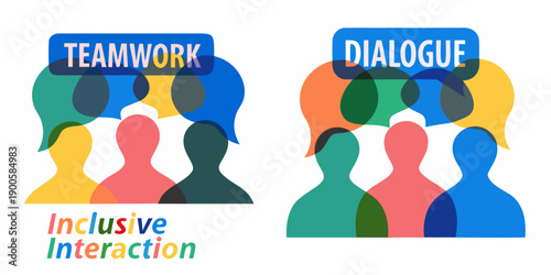 Teamwork dialogue and inclusive interaction illustrated with overlapping figures