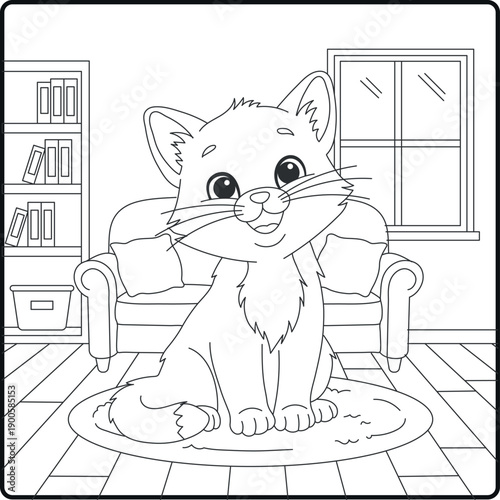 Cute Kitten Sitting in the Living Room Interior Coloring Page featuring home pet and house furniture