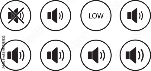 Volume control icons, sound speaker symbols, mute and volume levels, for app or website interface, isolated on transparent background, png
