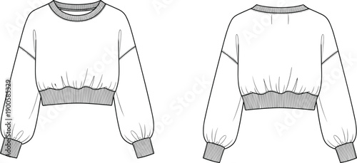 Vector line art illustration of a women's cropped sweatshirt fashion flat sketch template with long puff sleeves isolated on a white background for design.