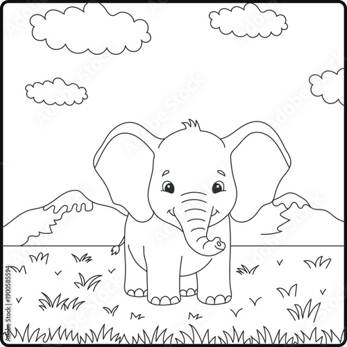 Adorable Baby Elephant in Savannah Grassland with Mountains Coloring Page for Kids