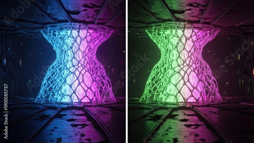 Futuristic glowing structure illuminated with vibrant neon colors in a dark industrial environment