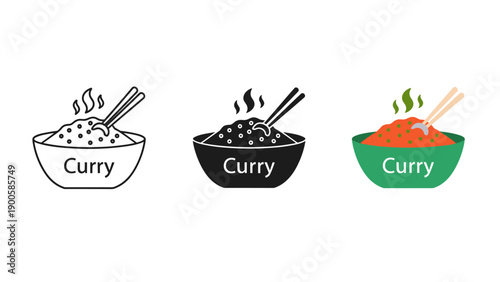 Three bowls of curry with different colors and steam Vector