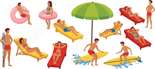 Summer beach vacation collection featuring people sunbathing on lounge chairs surfing on waves and relaxing with swim rings and umbrellas for tropical holiday travel designs