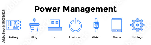 Power Management Banner Web Icon Vector Illustration Concept For Battery, Plug, Usb, Shutdown, Watch, Phone, Settings