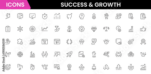 Success and growth web icons inline style. Handshake, growth profit, innovation, increase sale, coaching, progress, strategy, achievement, collection. Vector illustration.