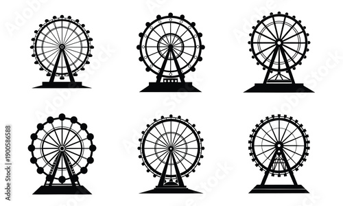 Set of Six Black Ferris Wheel Silhouette Icons for Carnival and Fairground.