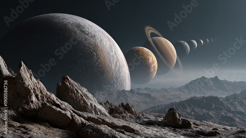 Celestial Symphony: A breathtaking cosmic panorama showcases the elegance of celestial bodies, offering an awe-inspiring vision of planetary alignment against a mysterious dark backdrop. 