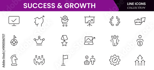 Success and growth web icons inline style. Handshake, growth profit, innovation, increase sale, coaching, progress, strategy, achievement, collection. Vector illustration.