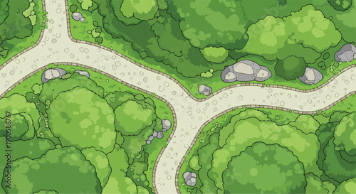 Top Down View of Green Forest Park Map Illustration with Winding Paths and Trees