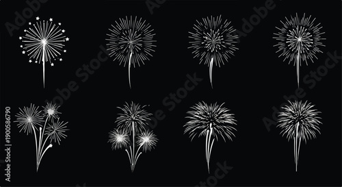 Set of white fireworks vector icons on black background