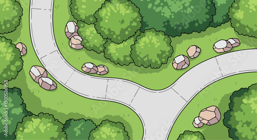 Top down view cartoon park illustration with winding paths, green trees, and rocks