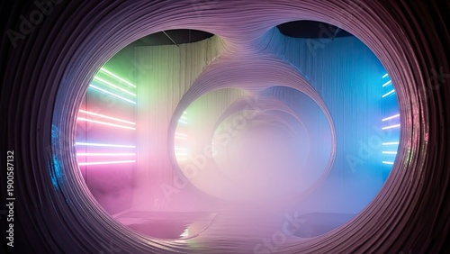 Futuristic glowing tunnel with vibrant neon lights creating a surreal ambient environment
