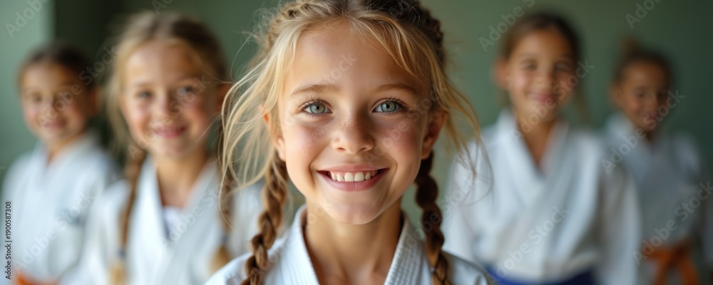 Fototapeta premium Young girls in karate uniforms smile. They stand together indoors ready for class. They possess confidence and discipline for martial arts training.