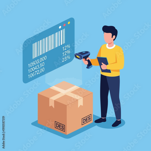 Man scanning barcode on package with handheld scanner in a delivery scene illustration