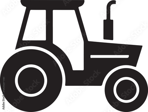 A black and white illustration of a tractor with a detailed cab and large wheels