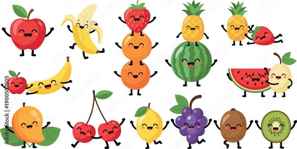 Fototapeta premium Cute fruit characters with happy faces, playful smiling cartoon fruits set, healthy food mascots, colorful flat vector illustration for kids and nutrition designs