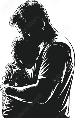 Father hugging child silhouette vector illustration with detailed hair and clothing lines embrace