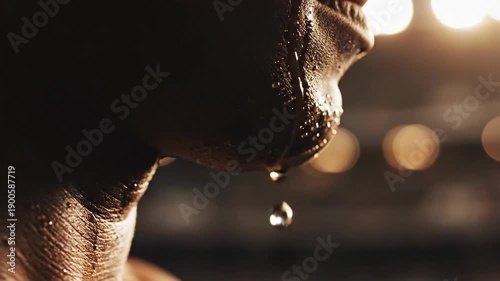 Close-up of a sweaty person with water droplets during exertion.