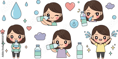 Cute girl drinking water character set with hydration and healthy habits, adorable kawaii cartoon flat vector illustration for wellness, kids and lifestyle design