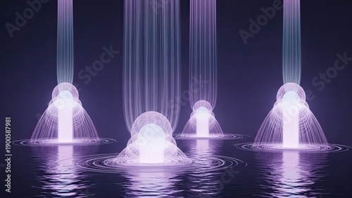 Futuristic glowing water fountains displaying vibrant light effects and reflections in a dark