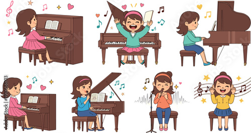 Cute Girl Playing Piano Illustration Set with Child Musician Practicing, Performing, Singing, and Expressing Joy Through Classical Music Activities