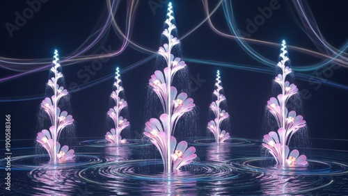 Futuristic glowing water fountains with vibrant light trails and neon reflections in a dark