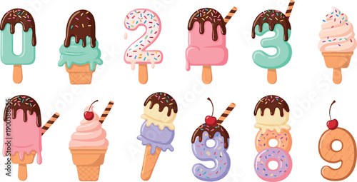 Cute ice cream numbers and desserts vector set with colorful sprinkles, sweet frozen treats and playful typography, flat cartoon illustration for kids designs