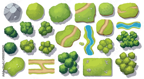Top Down View Map Elements Vector Illustration Set with Trees, Bushes, Rocks, Paths, and Rivers