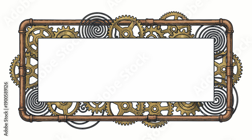 Vintage Steampunk Gear Border with Copper Pipes and Mechanical Cogs, Industrial Clockwork Frame Vector Isolated on White