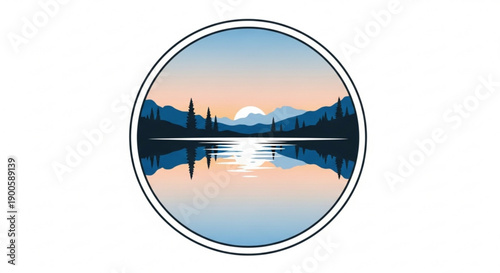 Serene lake scene at sunset with mountains and trees reflected in calm water peaceful natural landscape in a circular frame