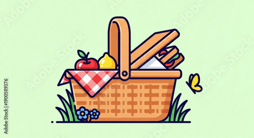 Colorful picnic basket with food and drink on green background for outdoor leisure and relaxation