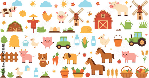Cute Kawaii Farm Animals Illustration Set with Barn, Tractor, Cow, Pig, Horse, Chicken, Vegetables, Crops, and Rural Countryside Elements