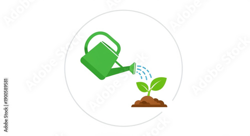 Green watering can nurturing young seedling with water droplets in circular frame on white background