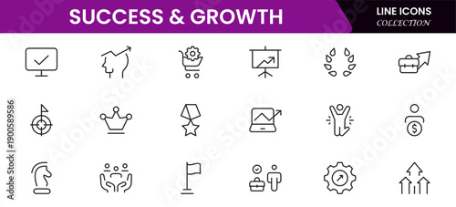 Success and growth web icons inline style. Handshake, growth profit, innovation, increase sale, coaching, progress, strategy, achievement, collection. Vector illustration.