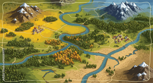 Stylized Fantasy World Map Illustration with Mountains, Rivers, Forests, and Villages