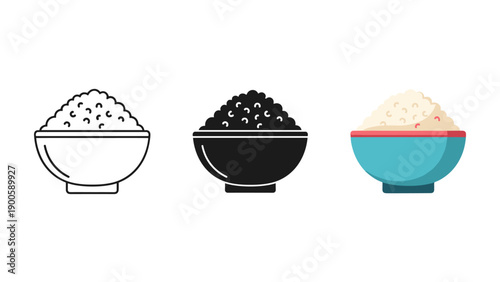 Three bowls of rice and other grains in different colors and styles Vector