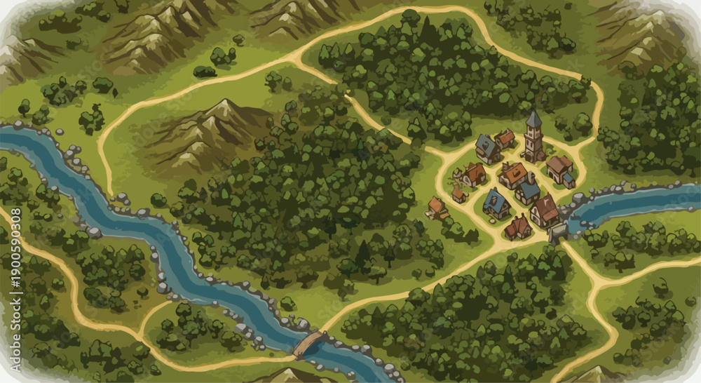 custom made wallpaper toronto digitalHand-drawn fantasy map with medieval village, winding river, forests, and mountains