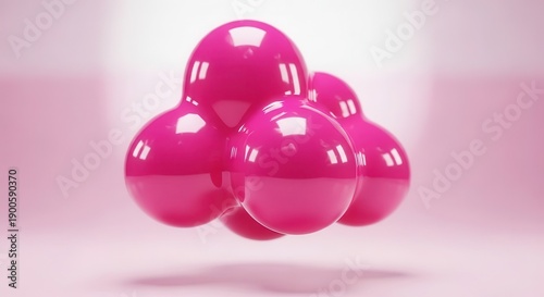 Cluster of shiny magenta spheres floats above a soft pink surface
