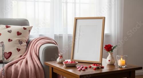 Cozy living room scene with a wooden table and a blank picture frame near a comfortable couch with heart-patterned pillows