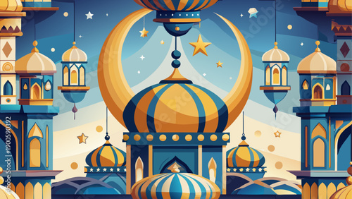 Vibrant mosque illustration with blue and gold accents